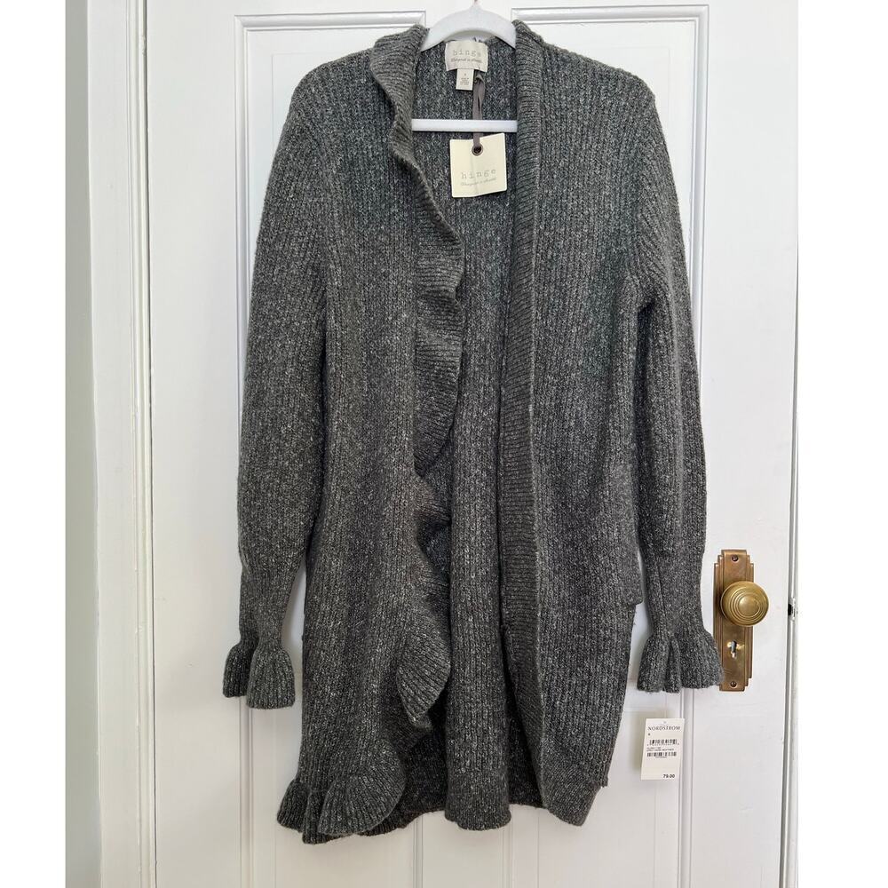 NEW Hinge Women's S Knit Blend Cardigan Gray Ruffle Long Line Sweater Casual